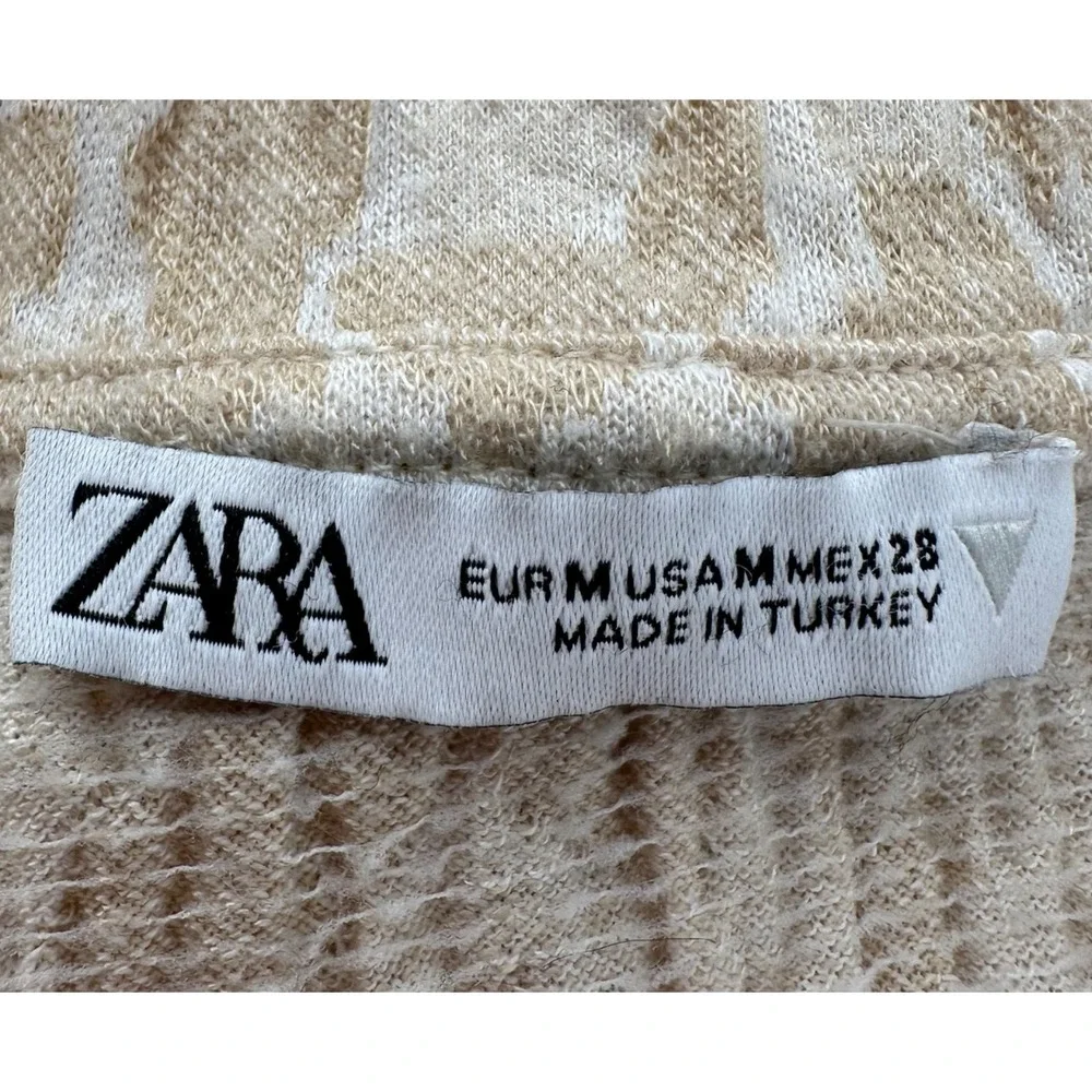Zara Animal Print Crinkle Blouse Beige & White Long Sleeve Snap Collar Medium